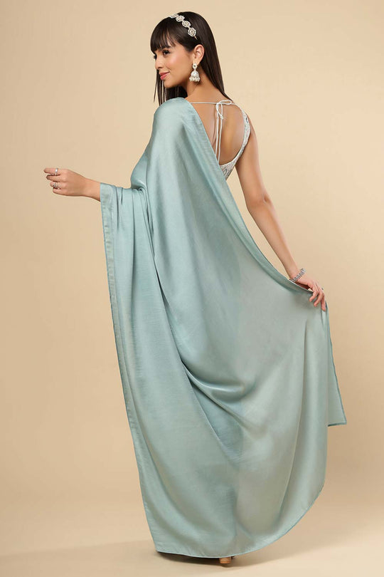 Meriel Silver Turquoise Silk One Minute Saree Set with Shimmer Blouse & Belt