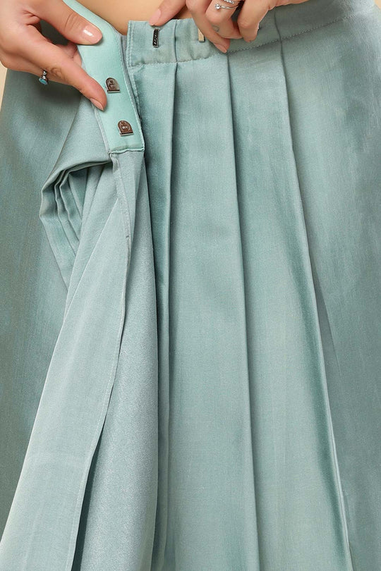 Meriel Silver Turquoise Silk One Minute Saree Set with Shimmer Blouse & Belt