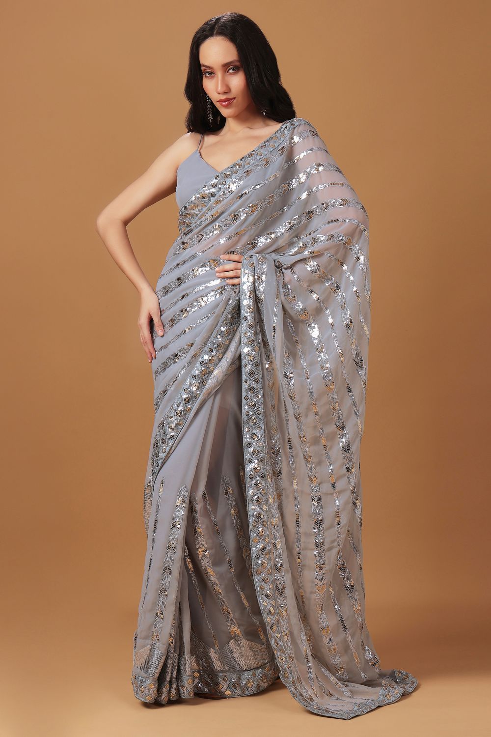 Sabina Silver Georgette Embellished Ready to Wear One Minute Saree