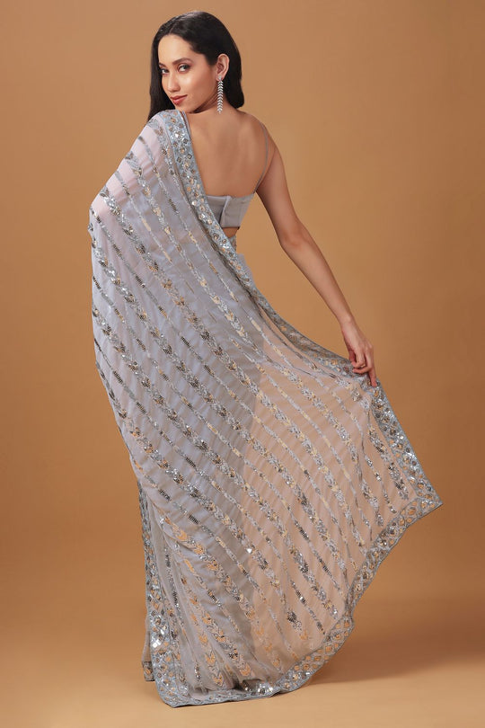 Etta Grey Georgette Saree with Embroidery Work Ready to Wear One Minute Saree