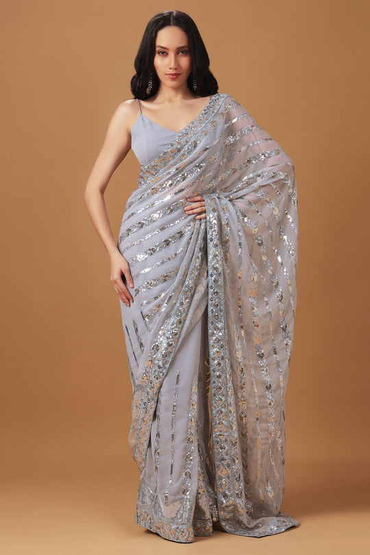 Etta Grey Georgette Saree with Embroidery Work Ready to Wear One Minute Saree