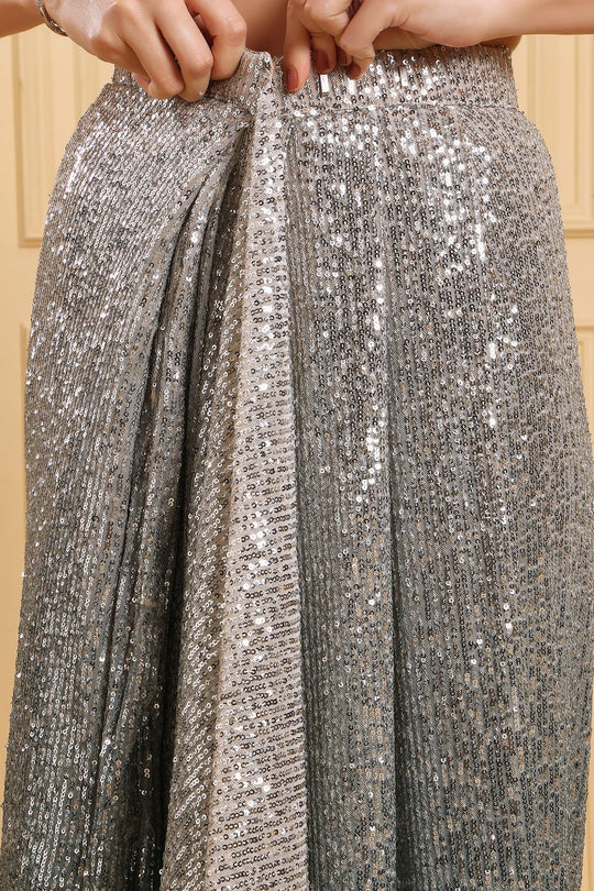 Farah Luxe Teal Blue &amp; Silver Ombre Sequins Ready to Wear Saree
