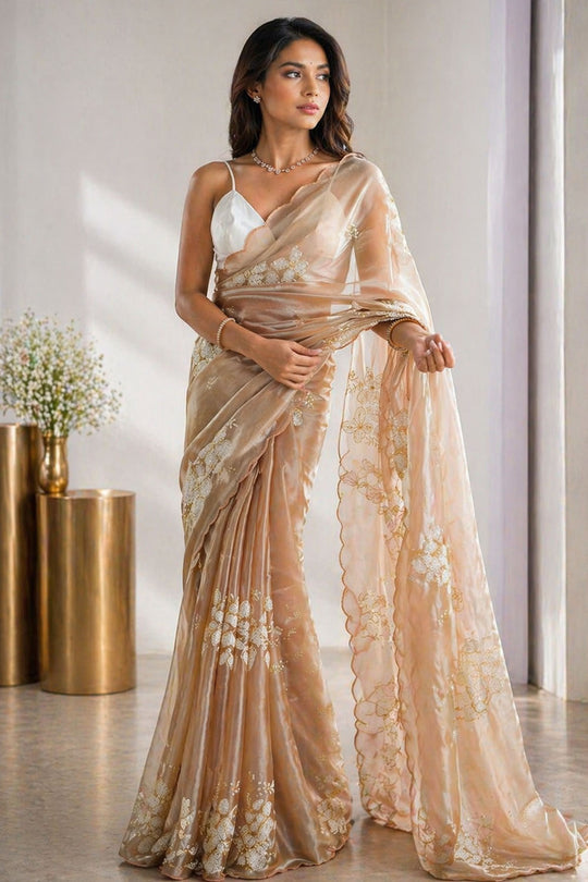 Kara Beige Organza Embellished Ready to Wear One Minute Saree