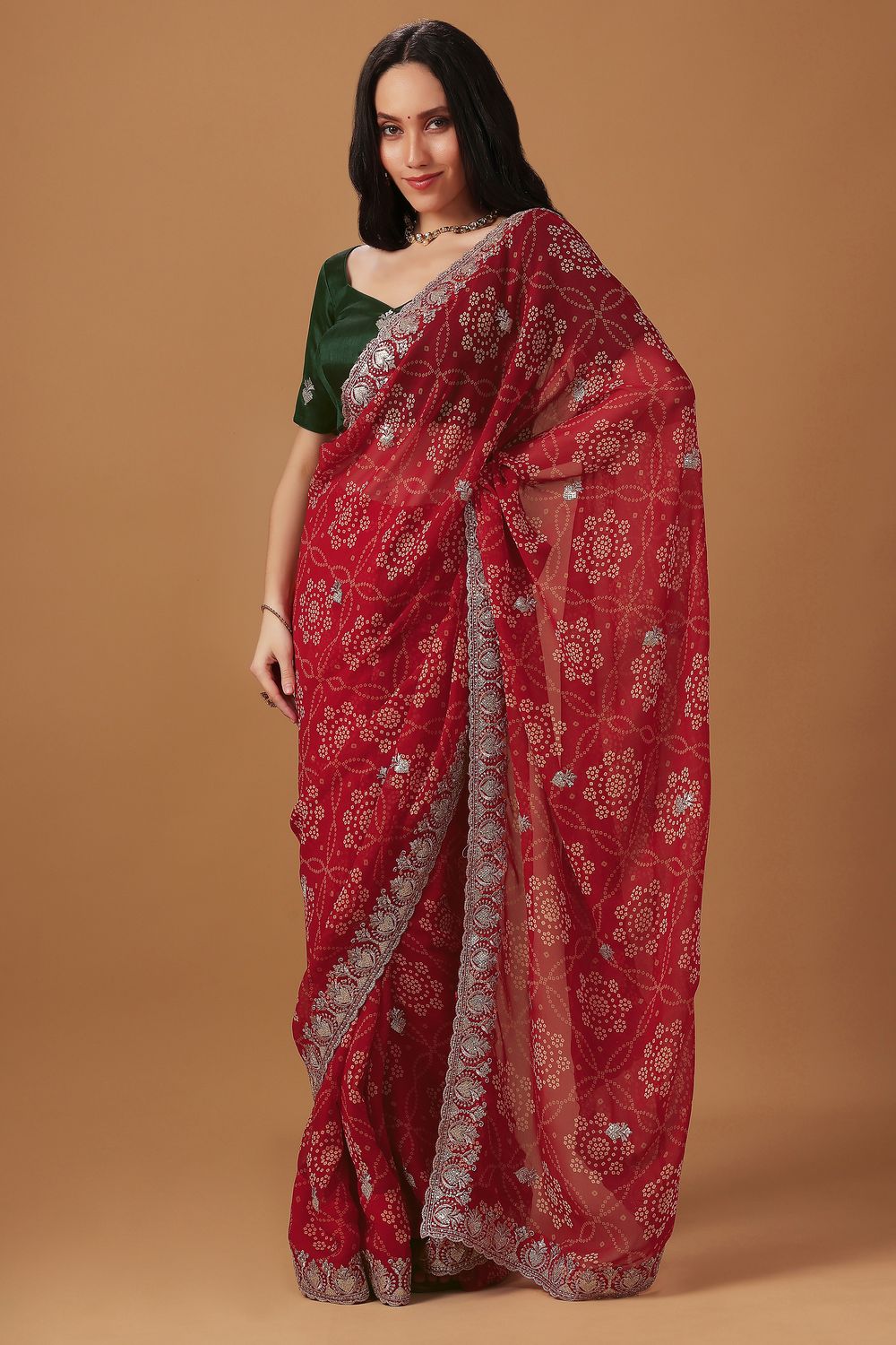 Lalo Red Georgette Bandhani Print Zari Work Festive Ready to Wear Saree