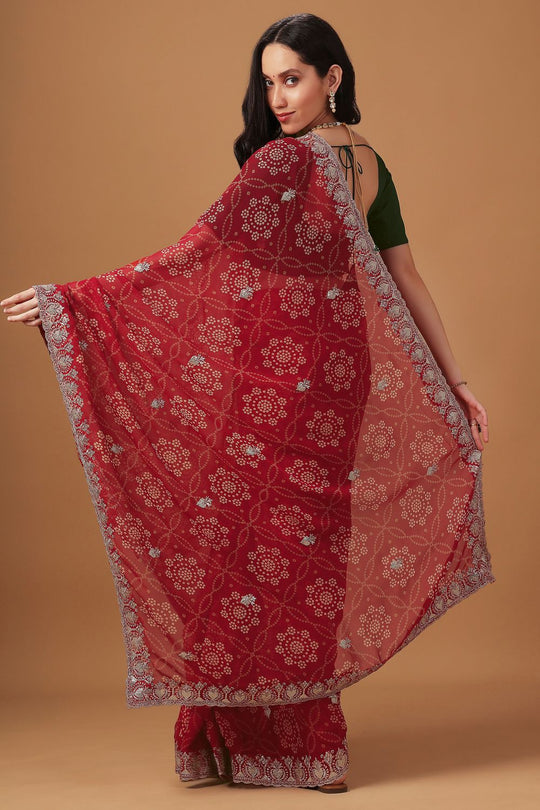 Lalo Red Georgette Bandhani Print Zari Work Festive Ready to Wear Saree