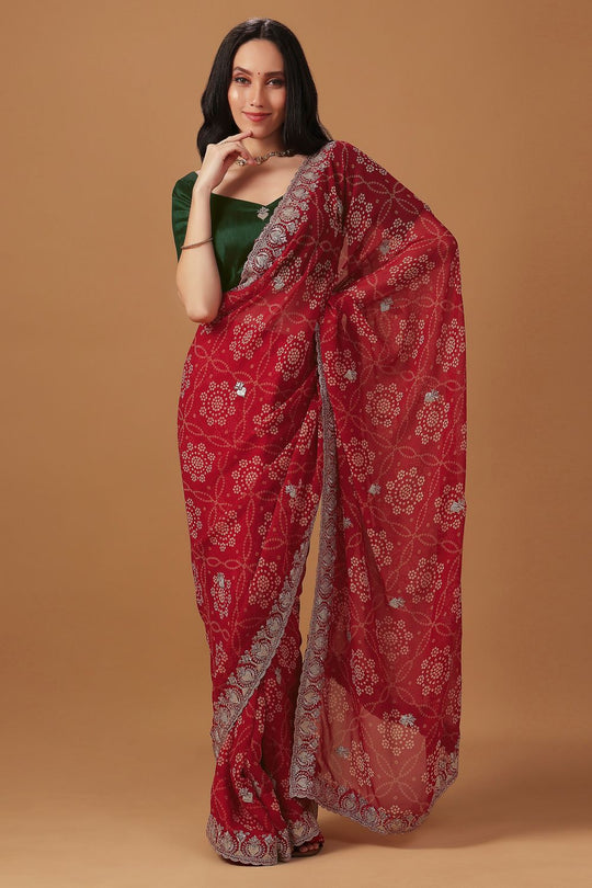 Lalo Red Georgette Bandhani Print Zari Work Festive Ready to Wear Saree