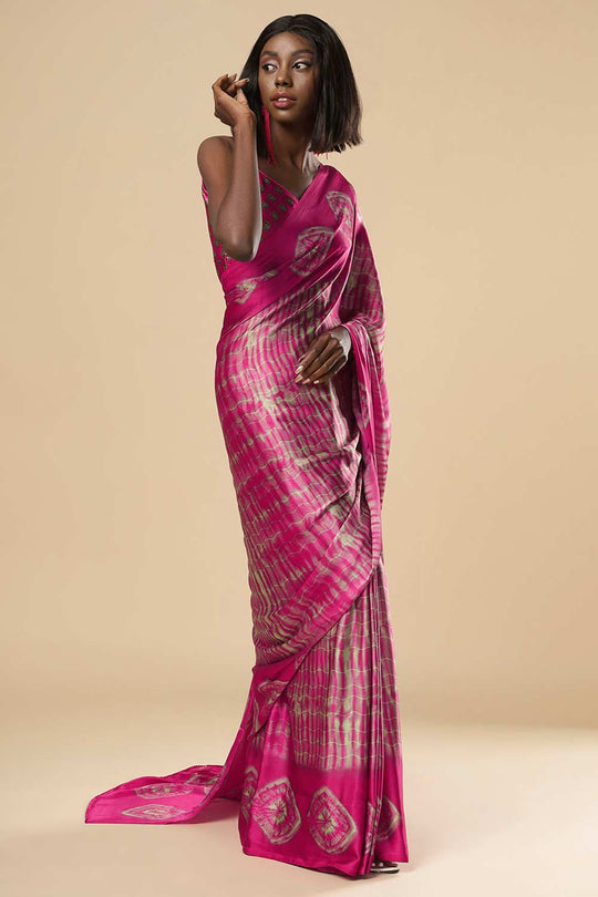 Buy Naia Pink Printed Satin One Minute Saree Online - Back