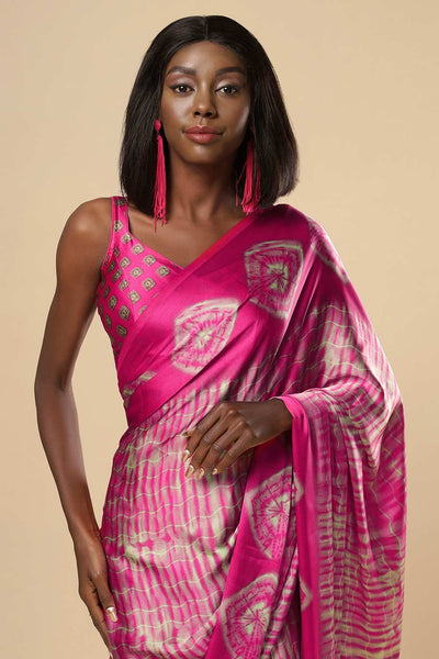 Buy Naia Pink Printed Satin One Minute Saree Online - Front