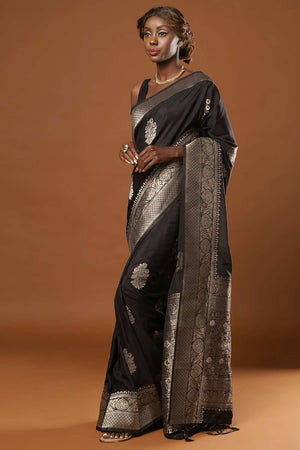 Buy Hibana Black Art Silk Banarasi One Minute Saree Online - One Minute Saree
