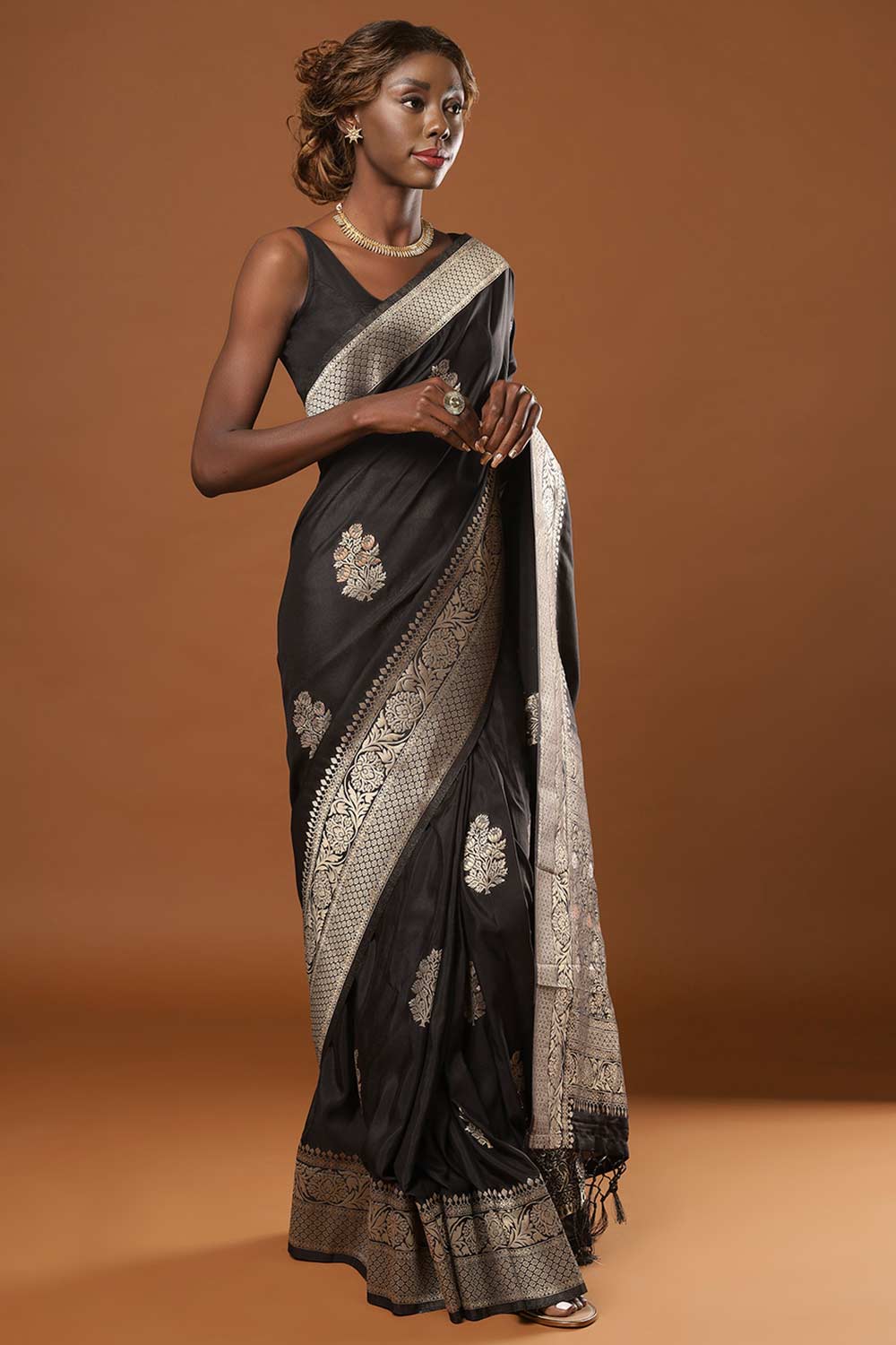 Buy Hibana Black Art Silk Banarasi One Minute Saree Online