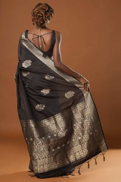 Buy Hibana Black Art Silk Banarasi One Minute Saree Online - Back