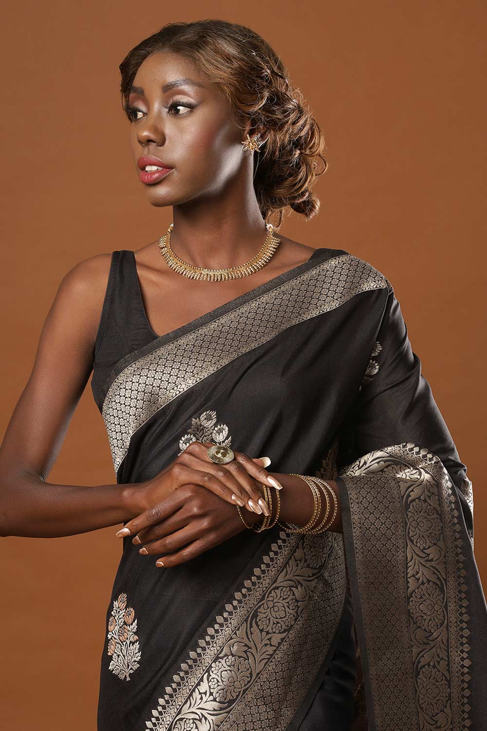 Buy Hibana Black Art Silk Banarasi One Minute Saree Online - Side