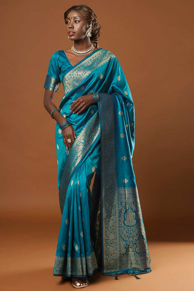 Buy Afra Turquoise Moss Weave Art Silk One Minute Saree Online - One Minute Saree