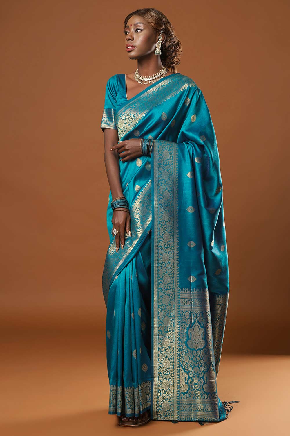 Buy Afra Turquoise Moss Weave Art Silk One Minute Saree Online