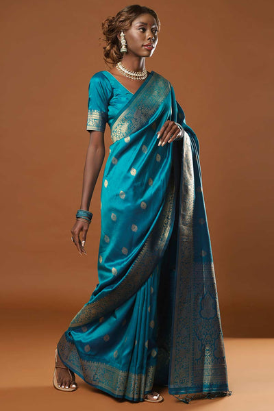Buy Afra Turquoise Moss Weave Art Silk One Minute Saree Online - Back
