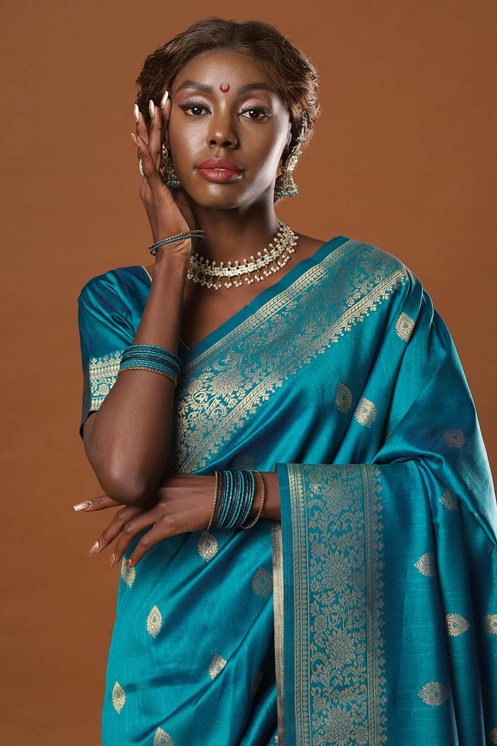 Buy Afra Turquoise Moss Weave Art Silk One Minute Saree Online - Side