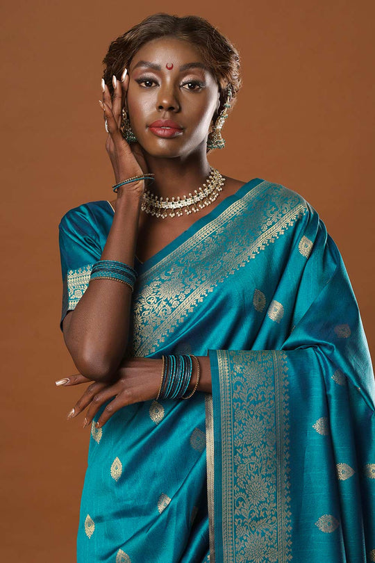 Buy Afra Turquoise Moss Weave Art Silk One Minute Saree Online - Side