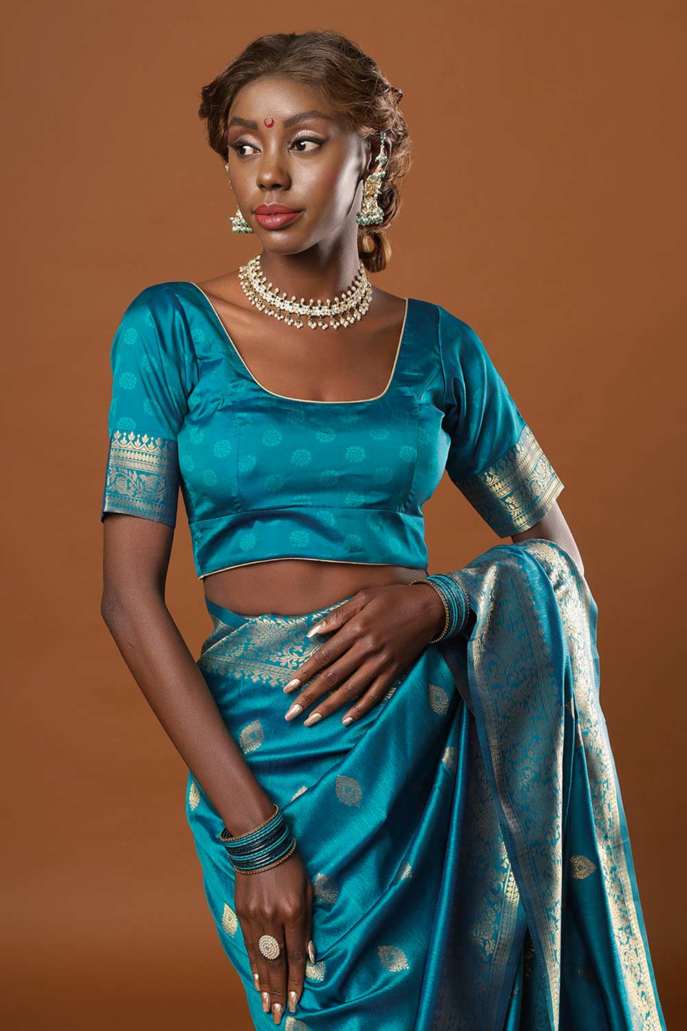 Buy Afra Turquoise Moss Weave Art Silk One Minute Saree Online - Zoom In