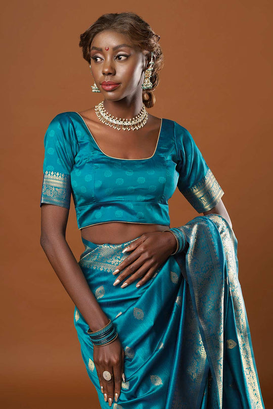 Buy Afra Turquoise Moss Weave Art Silk One Minute Saree Online - Zoom In