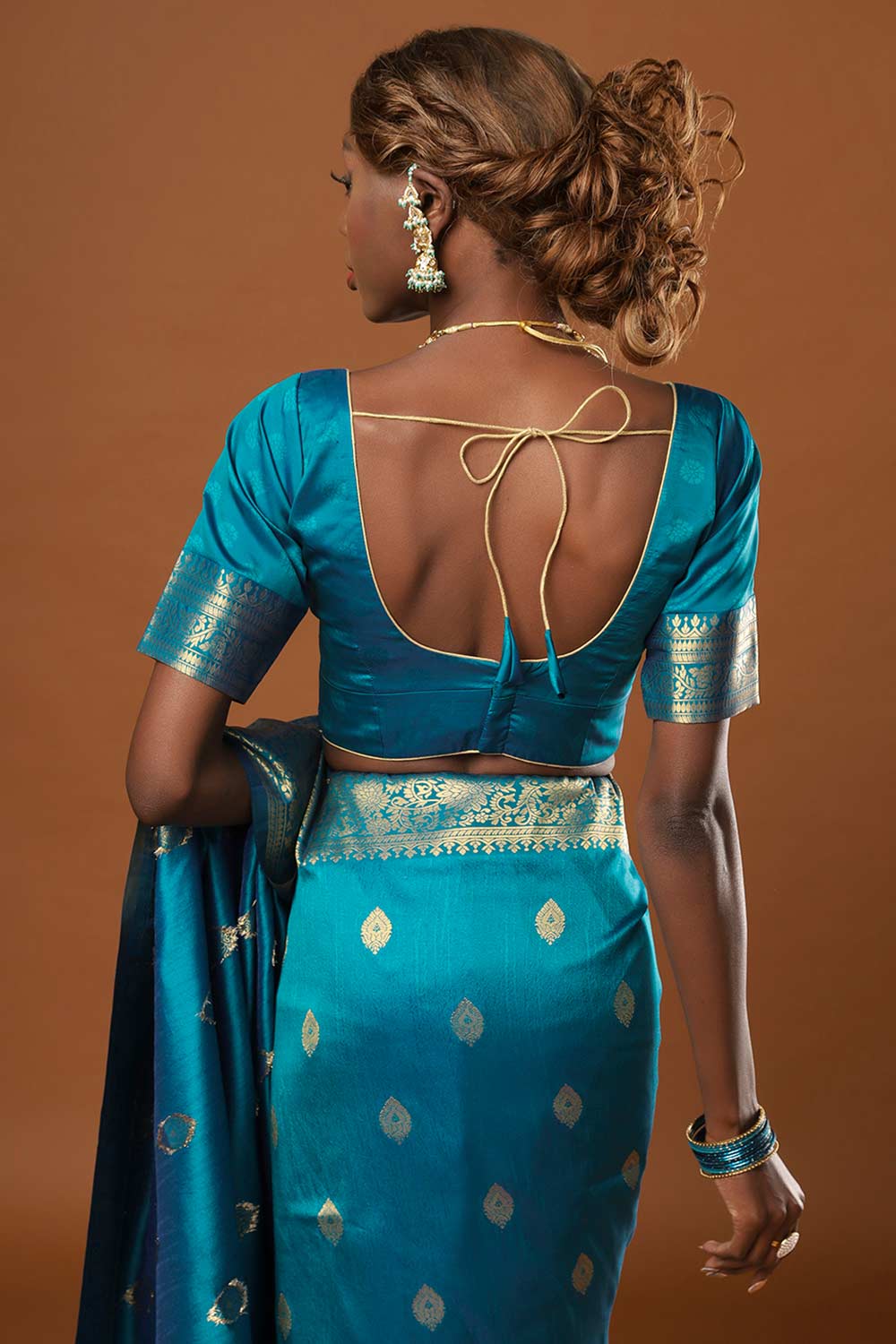 Buy Afra Turquoise Moss Weave Art Silk One Minute Saree Online - Zoom Out