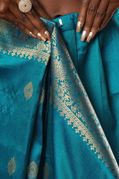 Buy Afra Turquoise Moss Weave Art Silk One Minute Saree Online - Front