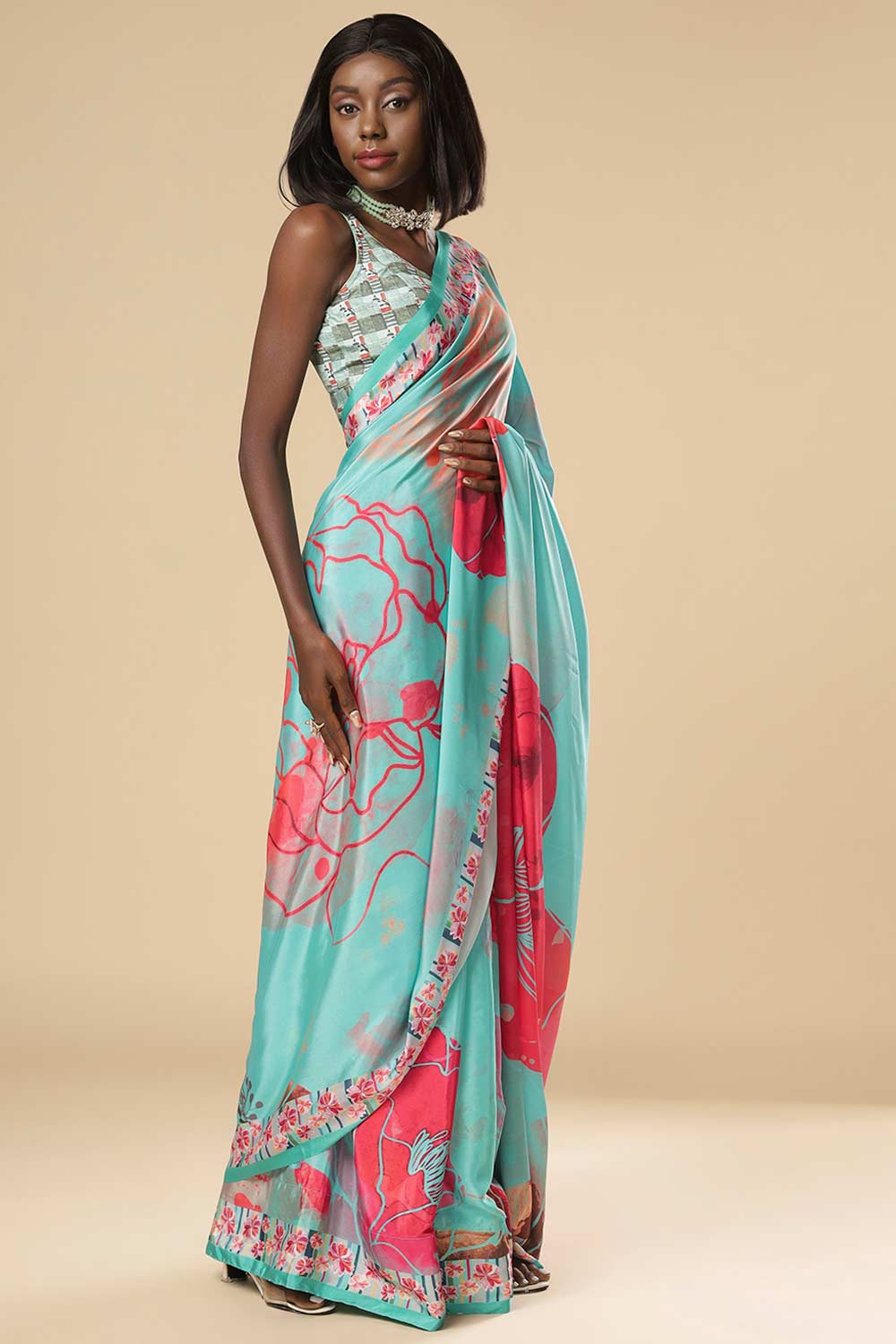 Buy Kriss  Green Floral One Minute Saree Online - Back