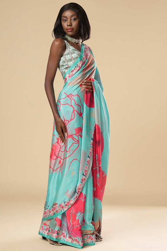 Buy Kriss  Green Floral One Minute Saree Online - Back