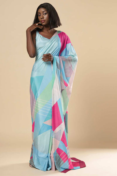 Buy Kriss Turquoise Abstract Silk One Minute Saree Online - One Minute Saree