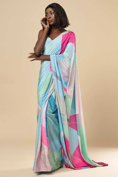 Buy Kriss Turquoise Abstract Silk One Minute Saree Online