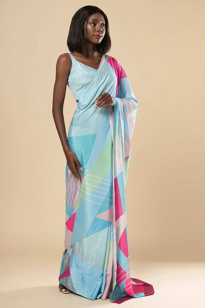 Buy Kriss Turquoise Abstract Silk One Minute Saree Online - Back