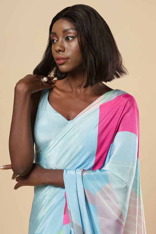 Buy Kriss Turquoise Abstract Silk One Minute Saree Online - Front