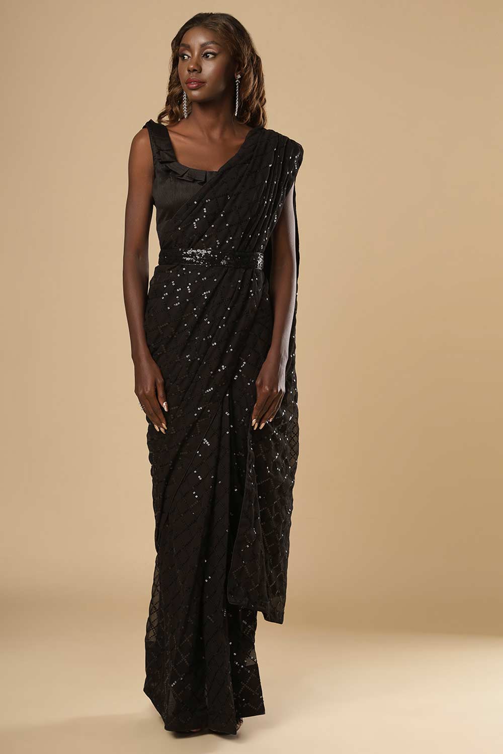 Buy Huda Black Georgette Sequin One Minute Saree Online - One Minute Saree