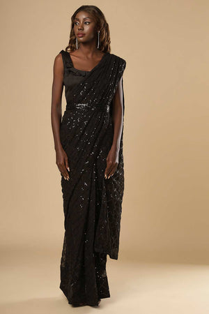 Buy Huda Black Georgette Sequin One Minute Saree Online - One Minute Saree