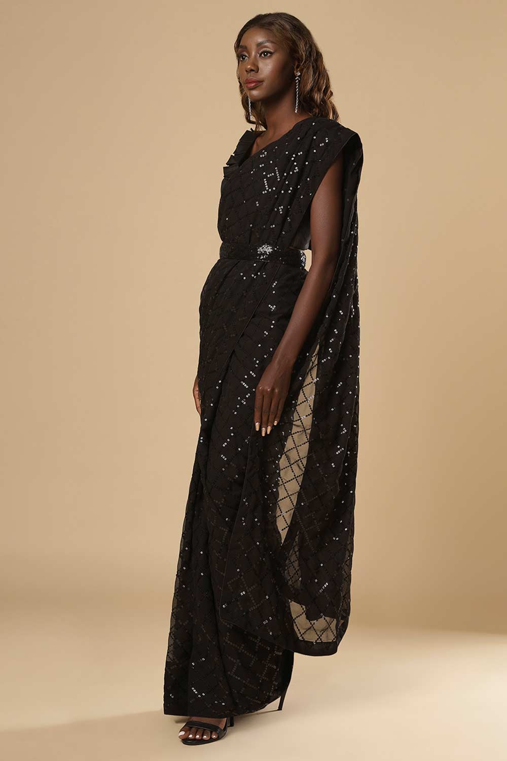 Buy Huda Black Georgette Sequin One Minute Saree Online