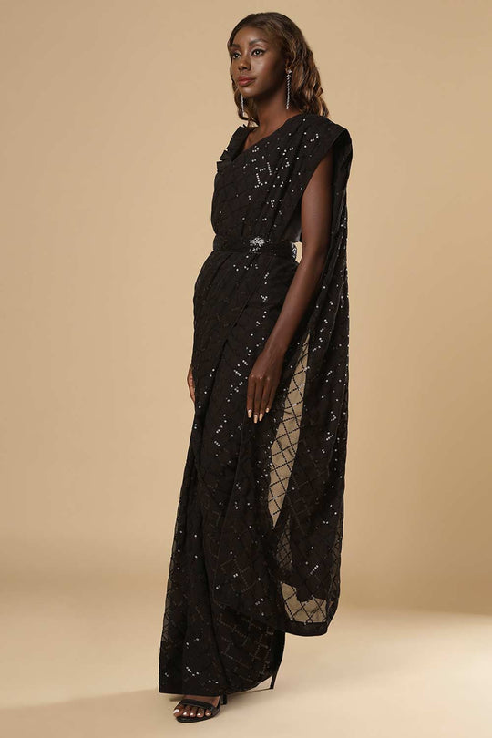 Buy Huda Black Georgette Sequin One Minute Saree Online