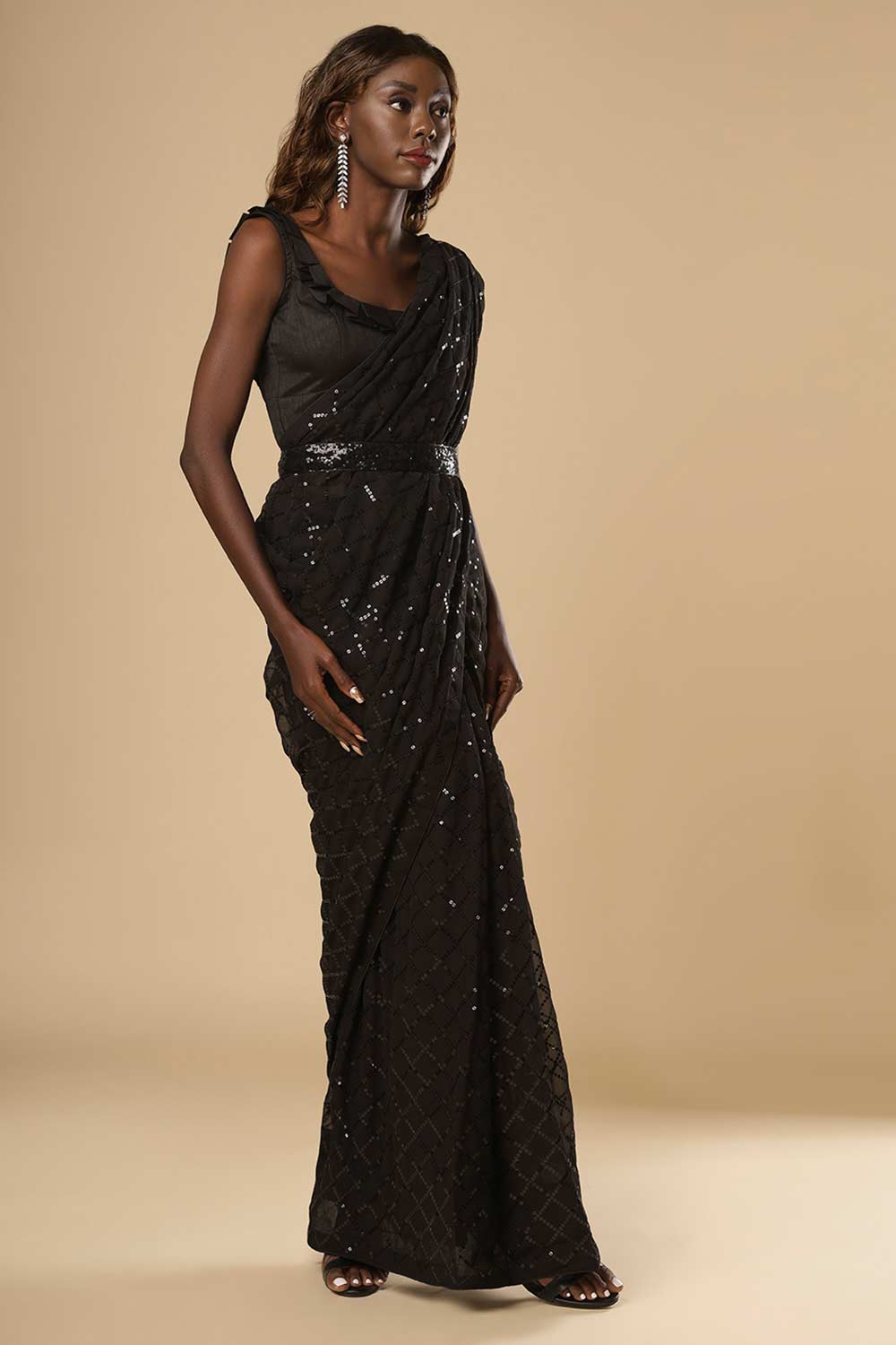 Buy Huda Black Georgette Sequin One Minute Saree Online - Back