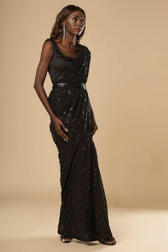 Buy Huda Black Georgette Sequin One Minute Saree Online - Back