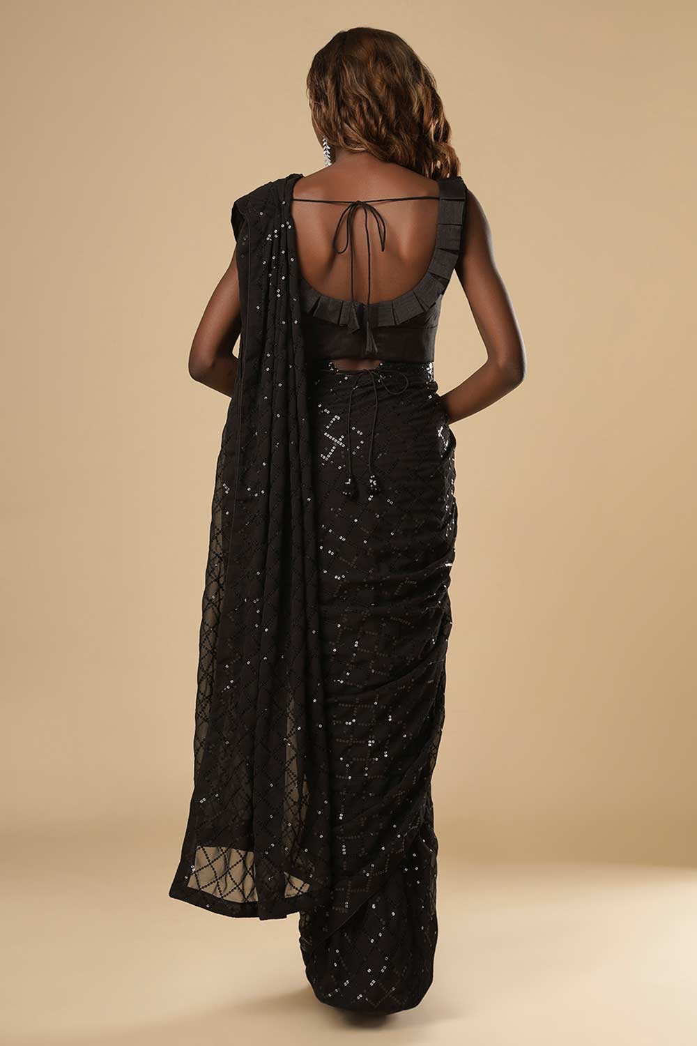 Shop Huda Black Georgette Sequin One Minute Saree at best offer at our  Store - One Minute Saree