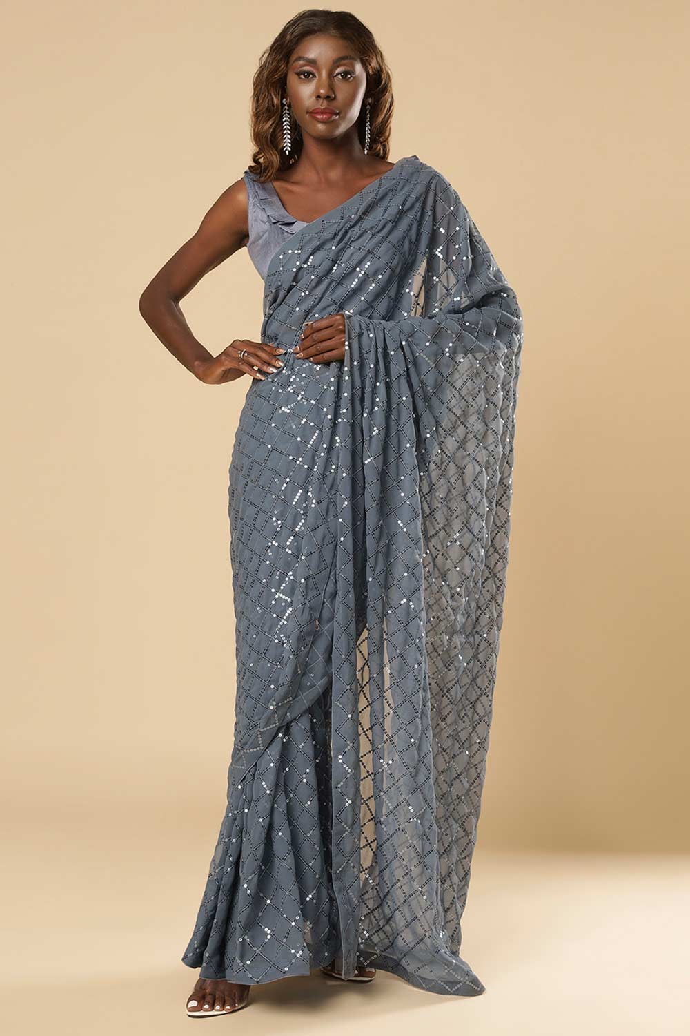 Buy Huda Grey Georgette Sequin One Minute Saree Online - One Minute Saree