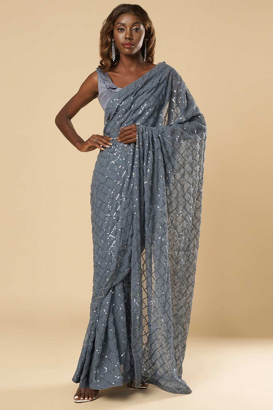 Buy Huda Grey Georgette Sequin One Minute Saree Online - One Minute Saree