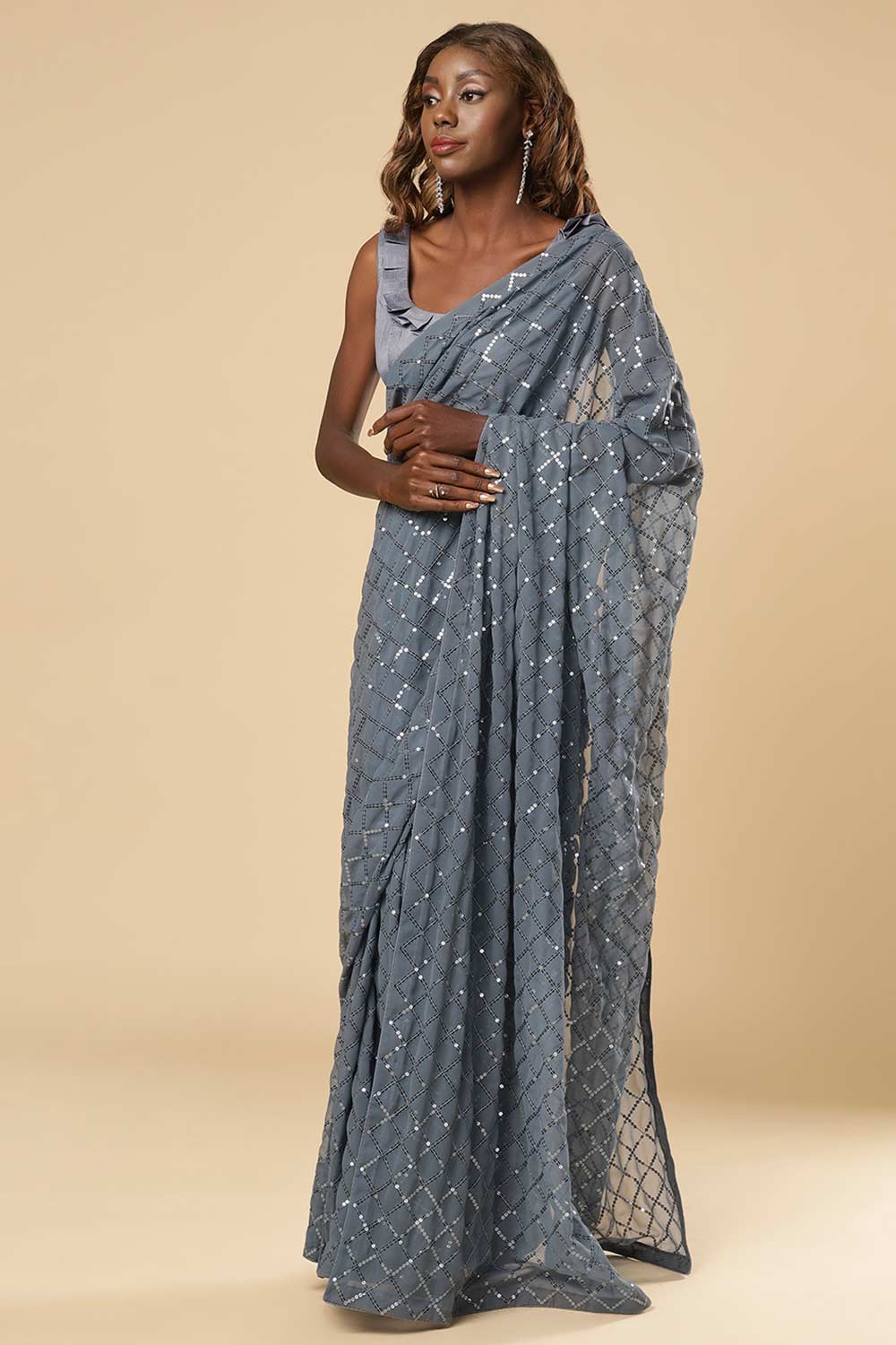 Buy Huda Grey Georgette Sequin One Minute Saree Online
