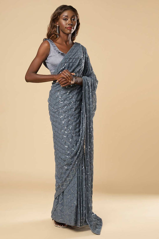 Buy Huda Grey Georgette Sequin One Minute Saree Online - Back