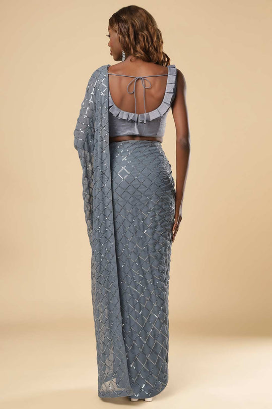 Shop Huda Grey Georgette Sequin One Minute Saree at best offer at our  Store - One Minute Saree