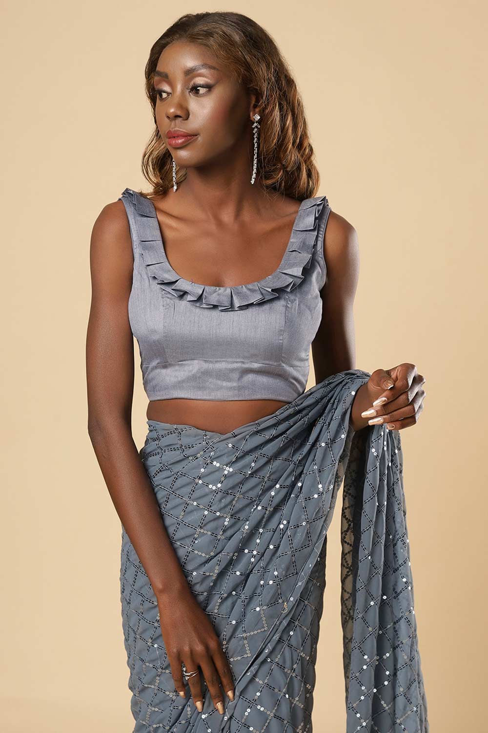 Buy Huda Grey Georgette Sequin One Minute Saree Online - Zoom In