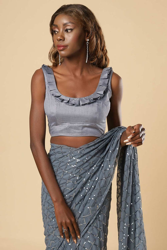 Buy Huda Grey Georgette Sequin One Minute Saree Online - Zoom In