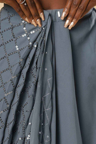 Buy Huda Grey Georgette Sequin One Minute Saree Online - Zoom Out