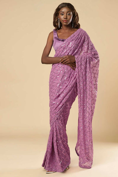 Buy Huda Onion Purple Georgette Sequins One Minute Saree Online - One Minute Saree
