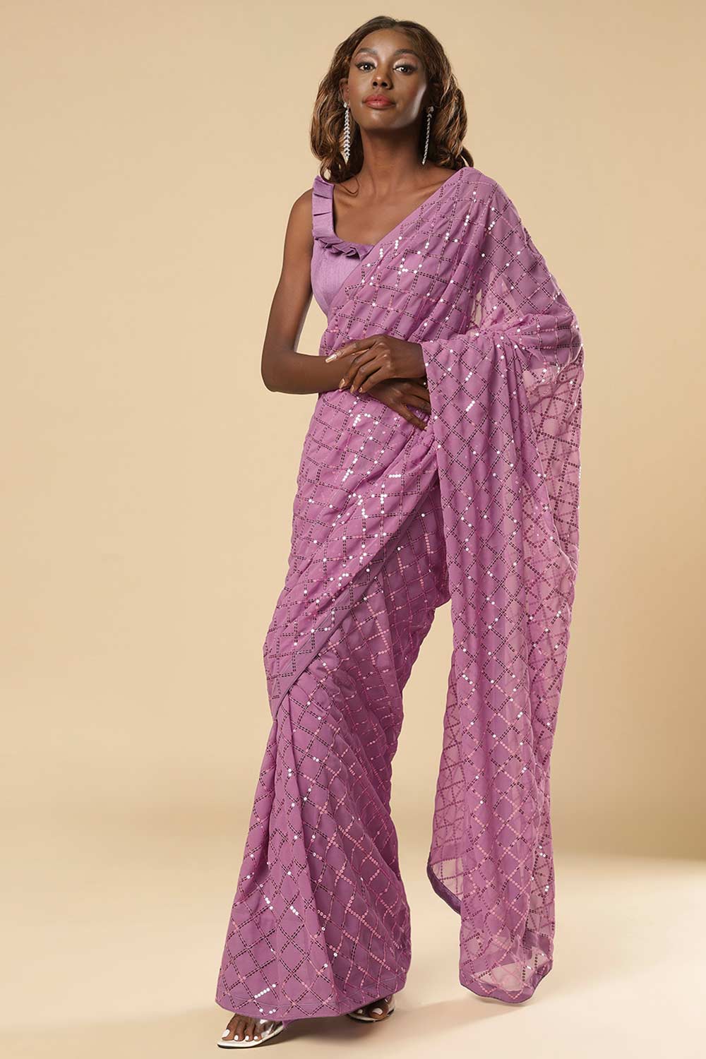 Buy Huda Onion Purple Georgette Sequins One Minute Saree Online