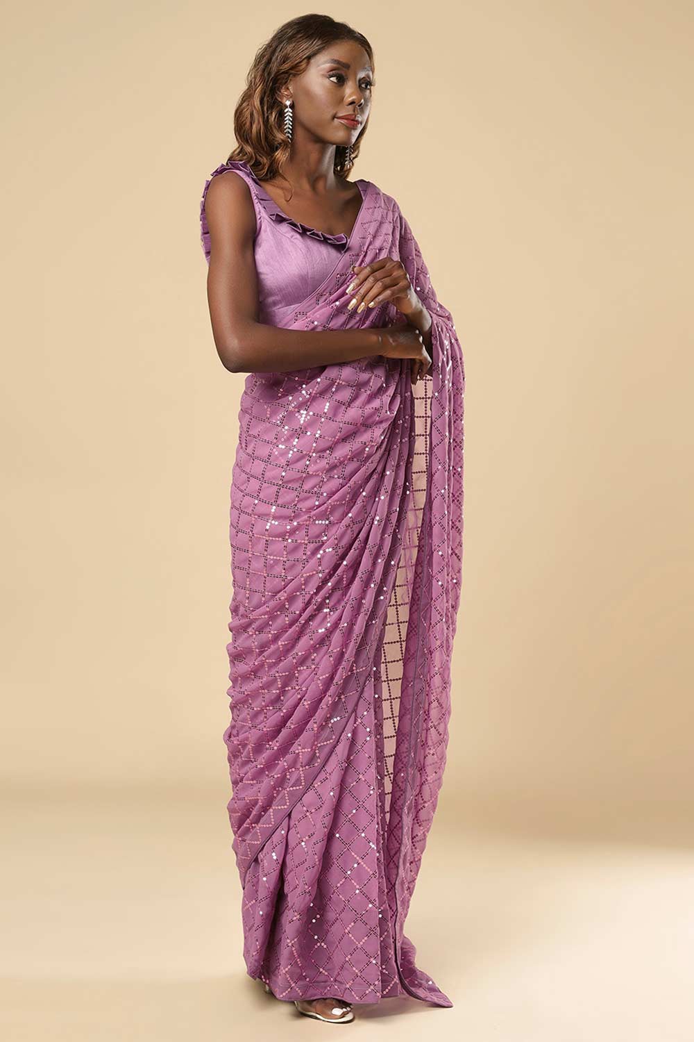 Buy Huda Onion Purple Georgette Sequins One Minute Saree Online - Back