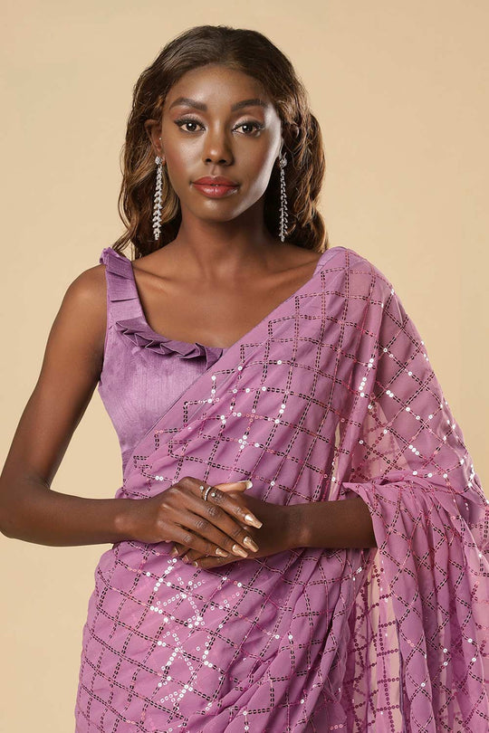 Buy Huda Onion Purple Georgette Sequins One Minute Saree Online - Front